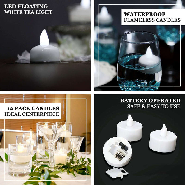 LED floating white tea light candles, waterproof and battery-operated, ideal for centerpieces.