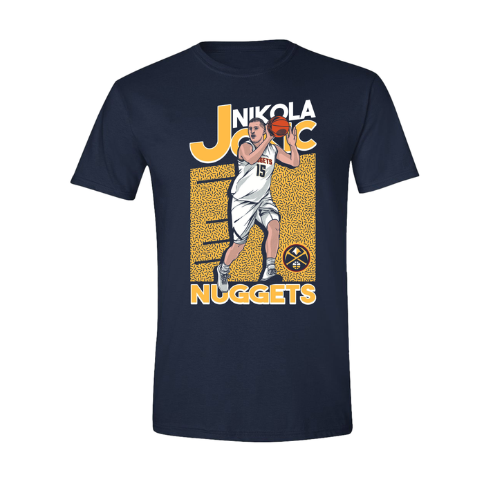 Front view The image image_9d2025.png features a navy blue t-shirt with a graphic of Denver Nuggets player Nikola Joki? preparing to shoot a basketball. The graphic is set against a textured, gold-colored square background, with his name, "NIKOLA JOKI?," printed above him and "NUGGETS" printed below him in bold, gold lettering.