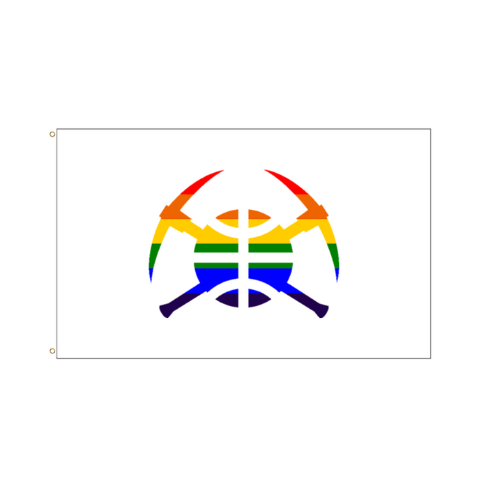 Rainbow pickaxe basketball Nuggets logo. Red,Orange,Yellow,Green, Blue, Purple on white.