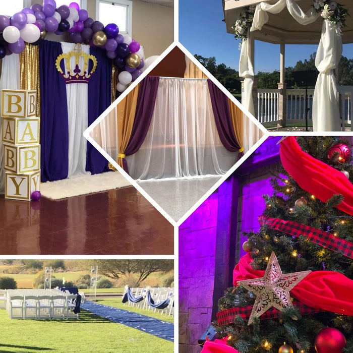 Collage of event decorations including a baby shower backdrop, gazebo, and Christmas tree.