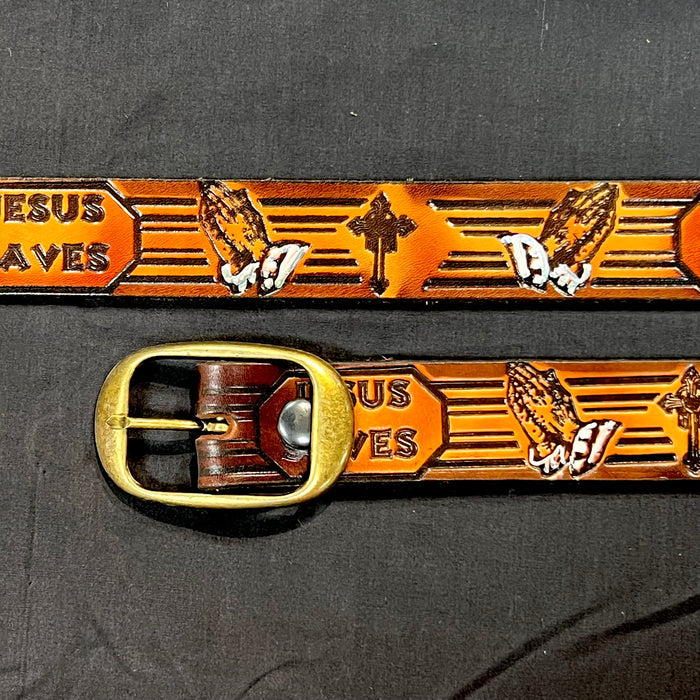 Belt Jesus Saves: Complete your outfit with this rustic leather snap belt with tarnished brass buckle or stainless steel