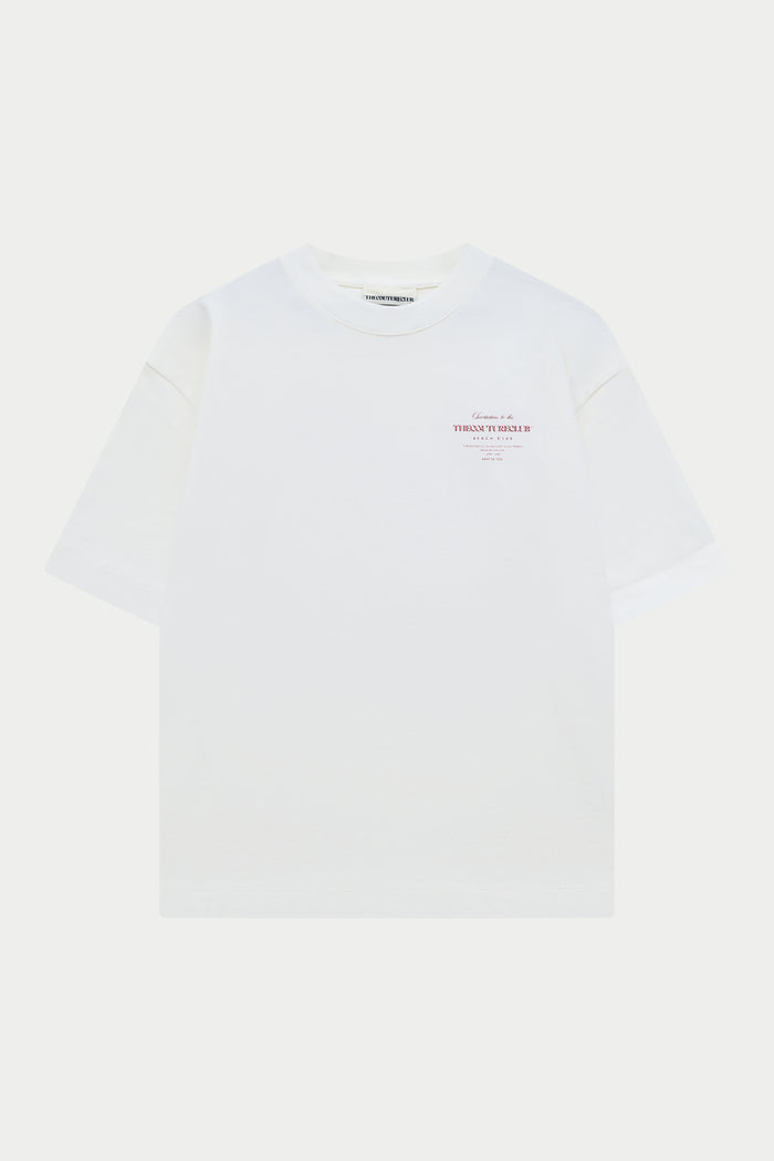 White t-shirt with a pink brand logo on a white background