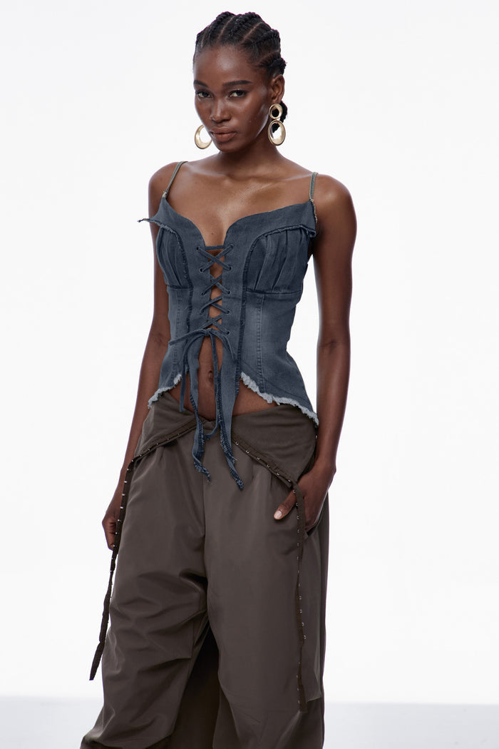 Carl Lace Up Fringe Denim Top In Dark Wash