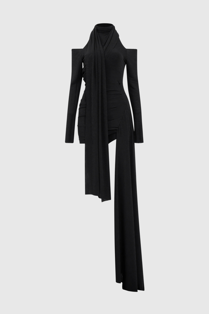 Clarisse Asymmetric Shawl Cutout Mini Dress