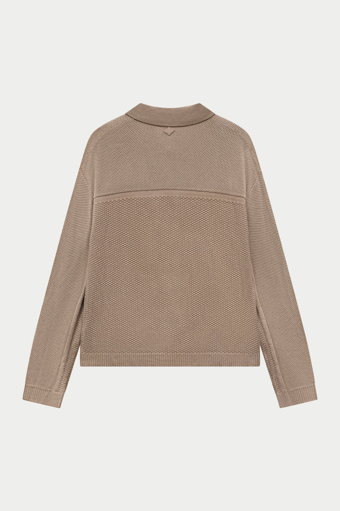 CONTRAST KNIT CROCHET LONG SLEEVE SHIRT - BROWN
