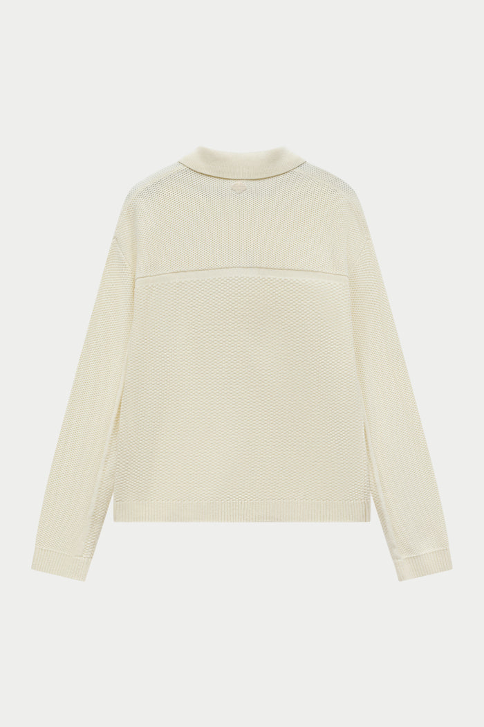 CONTRAST KNIT CROCHET LONG SLEEVE SHIRT - OFF WHITE