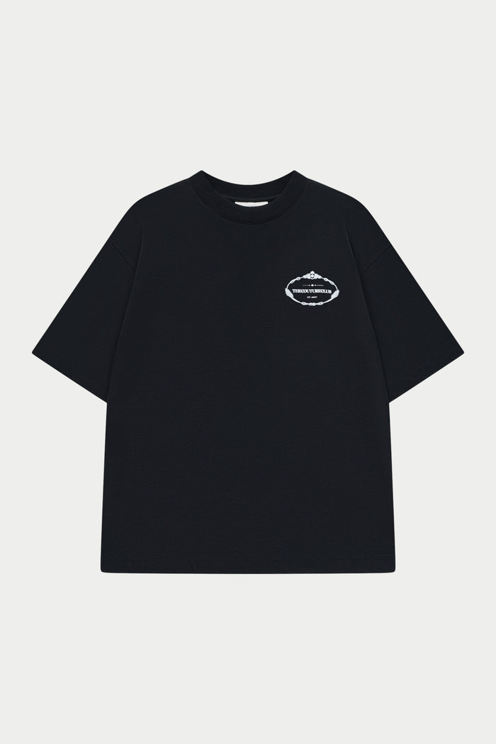 Black t-shirt with a small white logo on a white background
