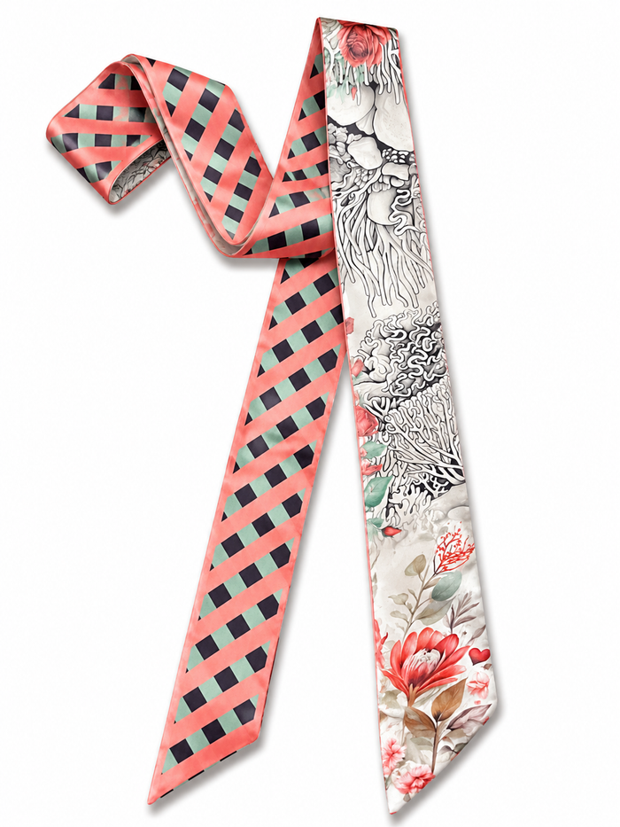 Premium silk texture and detailed coral floral artwork close-up