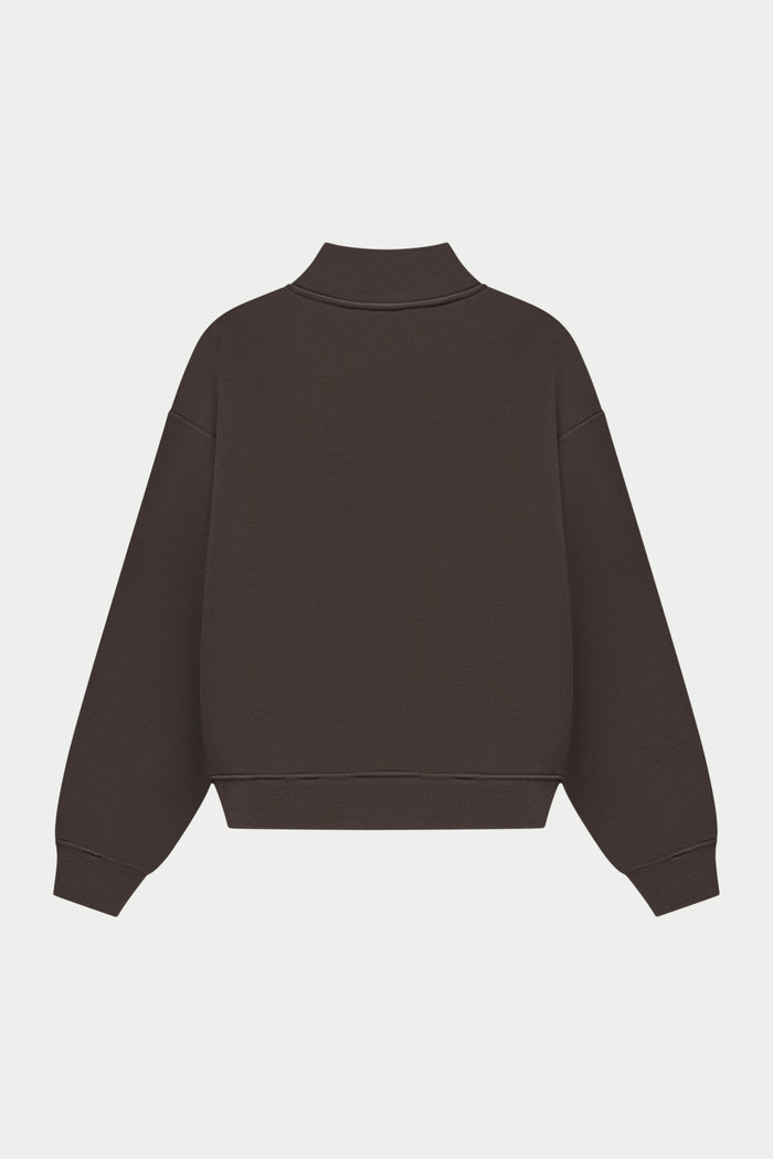 Dark brown quarter zip sweatshirt on a white background