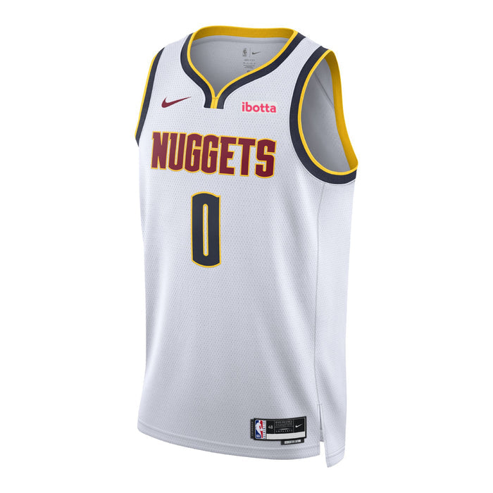 Front view of a white Denver Nuggets Christian Braun jersey, displaying "Nuggets" and the number 0 in navy and red on the chest