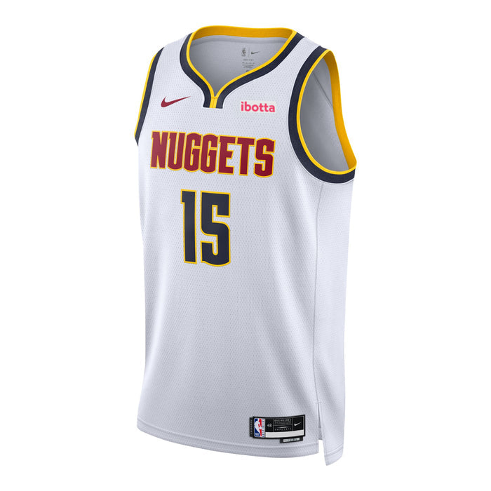 Front view of a white Denver Nuggets Nikola Jokic jersey, displaying "Nuggets" and the number 15 in navy and red on the chest