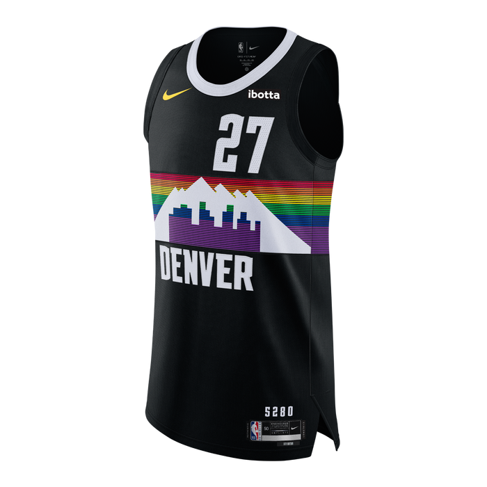 Front view of a black basketball jersey with rainbow stripes and 'DENVER' and number '15' in white, IBOTTA patch in white font above the '27' on the left chest, yellow Nike Swoosh on right chest