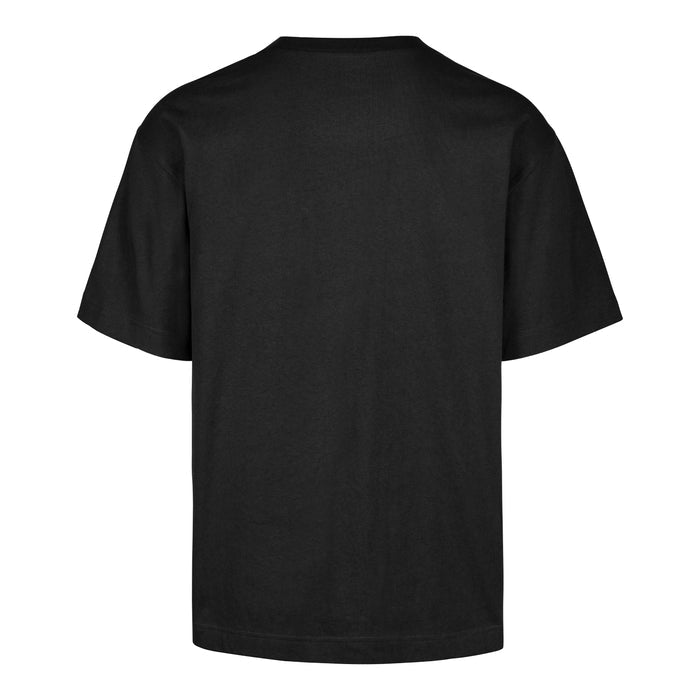 Rear view of the black short-sleeve t-shirt. The back is completely plain, showcasing a solid black fabric construction, clean crewneck collar line, and a standard straight hem.