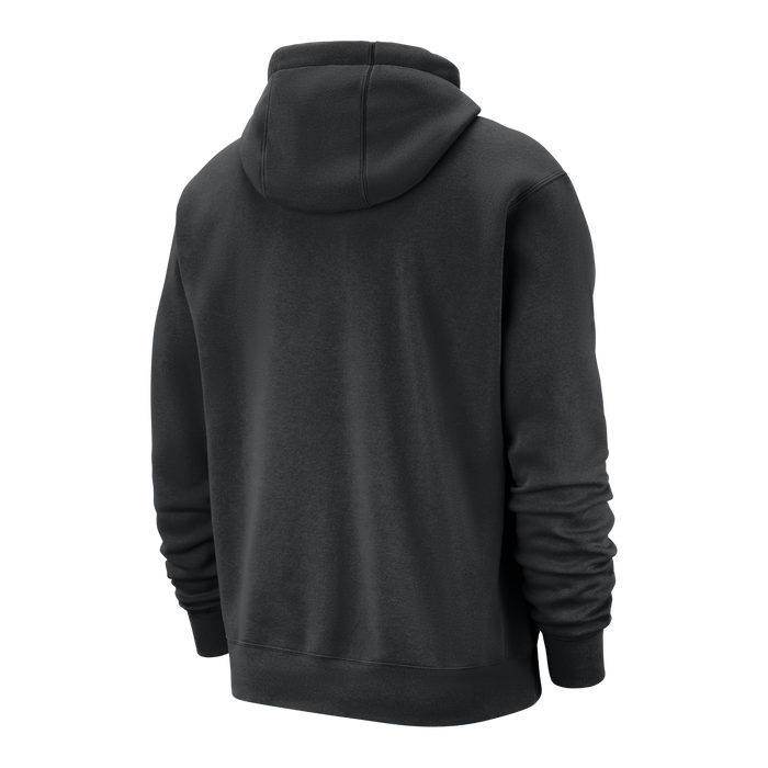 Rear view of the black pullover fleece hoody, displaying a completely plain, solid black back panel, ribbed hem, and a structured hood covering the upper neck area