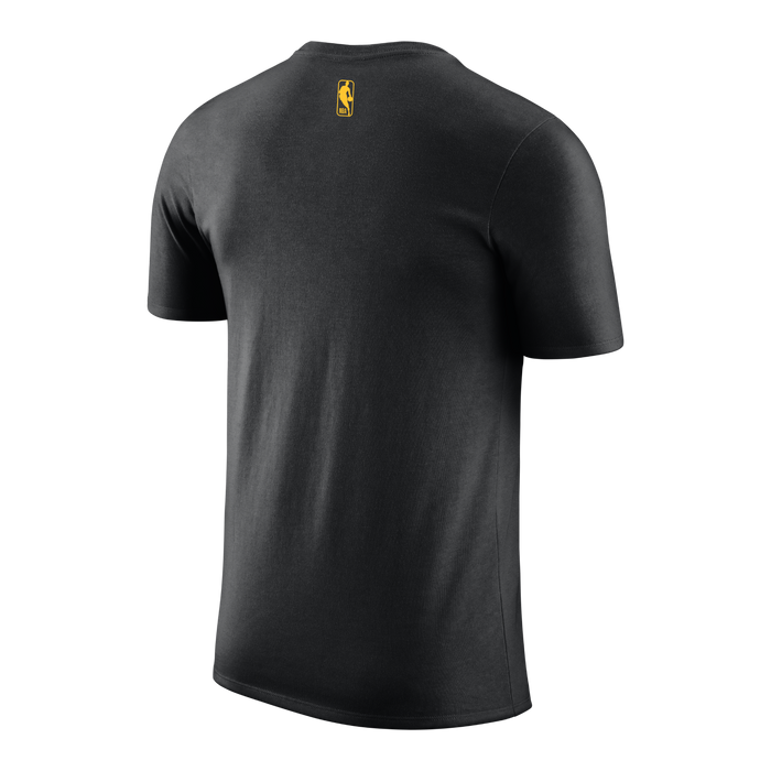 Rear view of the black short-sleeve t-shirt. The back is entirely solid black, accented only by a small, solid yellow NBA silhouette logo positioned at the center of the upper back just below the collar line