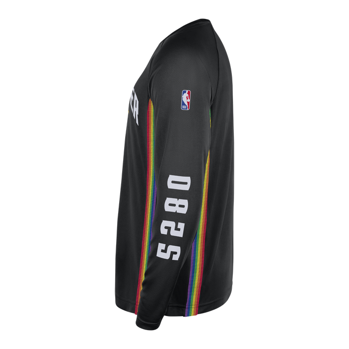 Side profile view of the black long-sleeve performance shirt. This angle prominently highlights the left sleeve, featuring a red, white, and blue NBA logo patch on the upper arm and the numbers '5280' printed in large, vertical white block text along the forearm. The vibrant vertical rainbow stripe is visible running down the side seam behind the sleeve