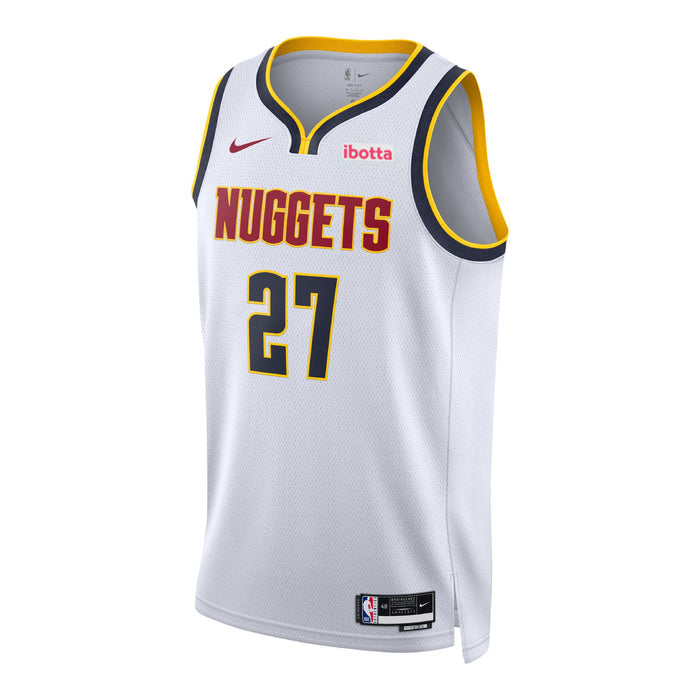 Front view of a white Denver Nuggets Jamal Murray jersey, displaying "Nuggets" and the number 27 in navy and red on the chest