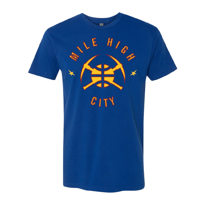 Front view royal blue short-sleeve t-shirt featuring a graphic of crossed pickaxes over a basketball with the text "MILE HIGH CITY" arched above and below the graphic in orange and yellow