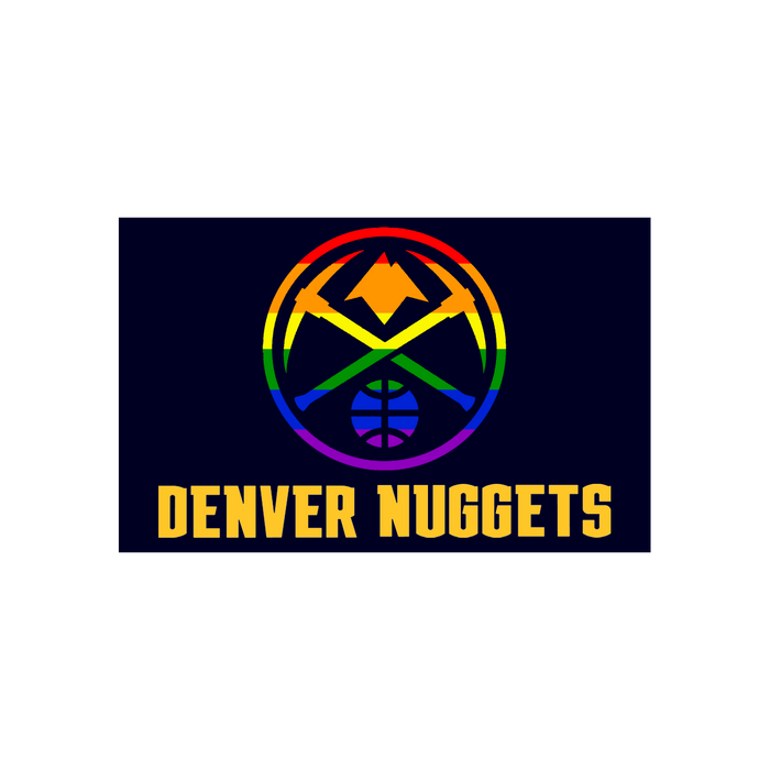 Front view of Denver Nuggets team pride, Denver Nuggets in Yellow, Primary logo in rainbow graident