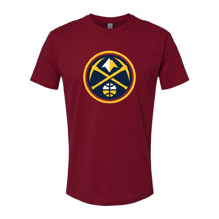 Front view maroon short-sleeve t-shirt featuring the Denver Nuggets logo, which consists of crossed pickaxes over a basketball inside a circular border with yellow and white accents