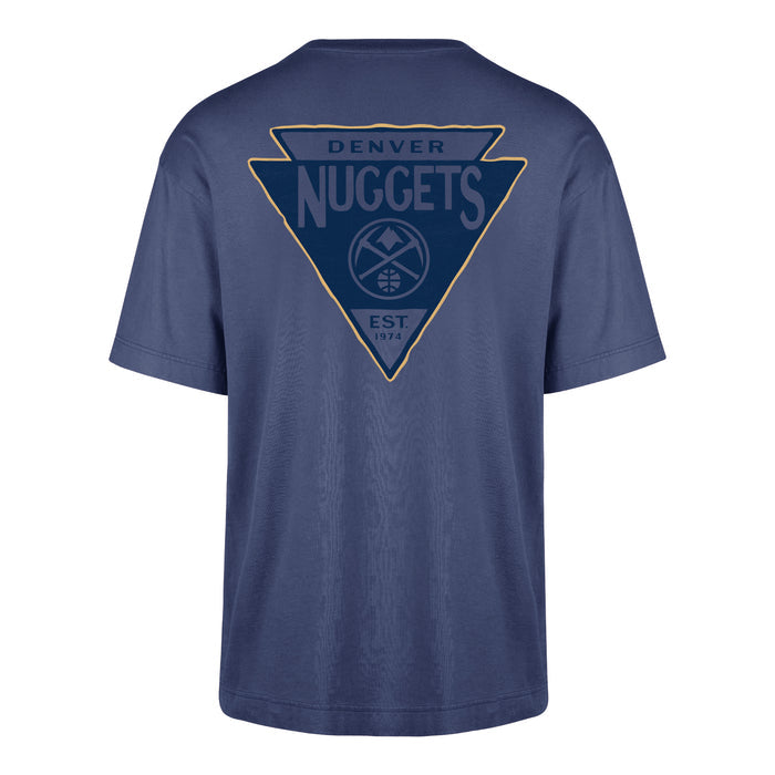 Back view of the navy blue short-sleeve t-shirt, showcasing a large graphic across the upper back. The design centers around a large inverted triangle with a gold border. Inside the triangle, the word 'DENVER' is printed small at the top, 'NUGGETS' is written in a stylized vintage font across the middle, and the circular crossed-pickaxe team logo sits below.