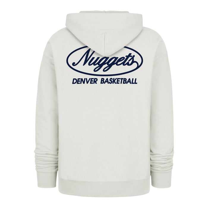 Back view of the off-white pullover hoody, showcasing a large navy blue graphic across the upper back. The design features the word 'Nuggets' in a retro script style enclosed inside an oval border, with the words 'DENVER BASKETBALL' printed in a straight block font underneath