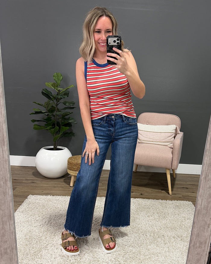 Esme Ribbed Contrast Striped Tank Top - Coral & Blue Wishlist