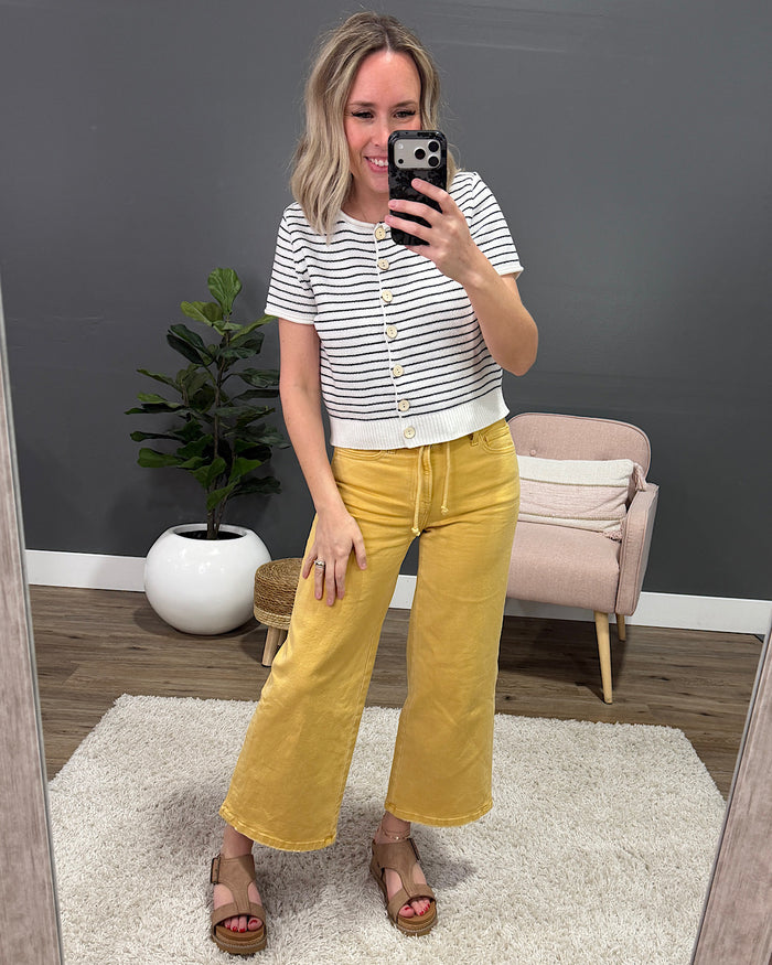 Estelle Striped Short Sleeve Cardigan - Ivory & Navy Mine