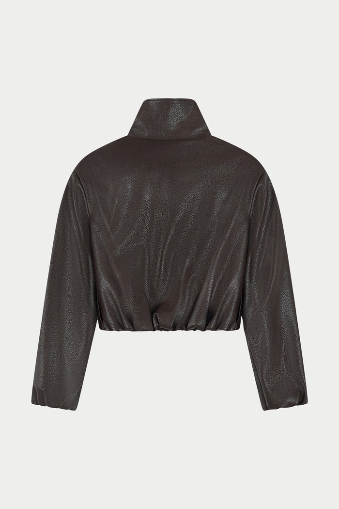 FUNNEL NECK BALLOON HEM FAUX LEATHER JACKET - BROWN