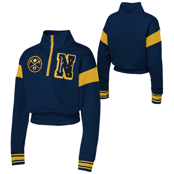 Combined view of the dark navy blue cropped sweatshirt, showing both the front and back, highlighting the chest detailing and the striped sleeves.