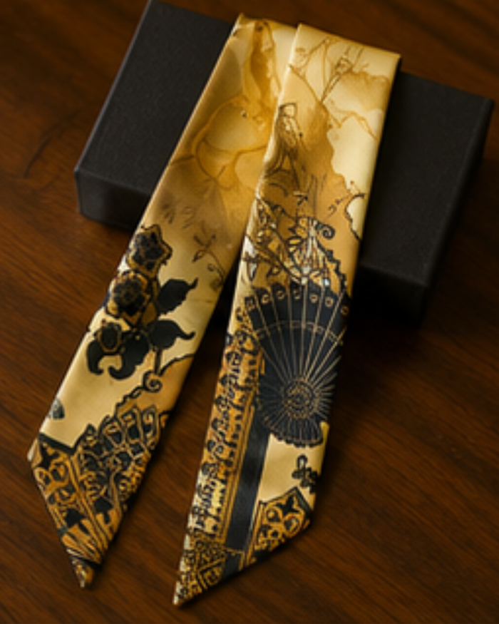 Two decorative neckties with intricate patterns on a wooden surface.