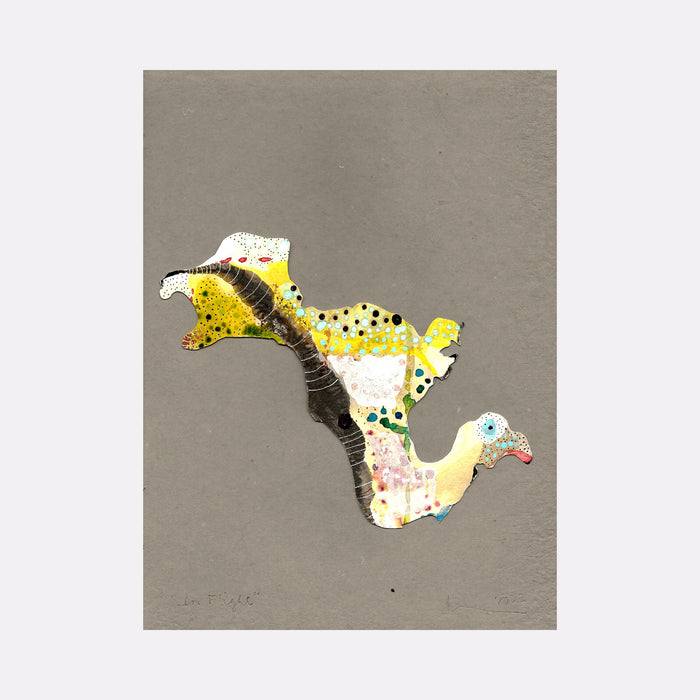The artwork 'In Flight' by Linda Lee Nicholas features an abstract bird shape rendered in vibrant yellow and white tones with black dotted patterns. The cut-out paper design shows a graceful, diving motion against a neutral gray background, combining ink techniques with delicate paper artistry to create a dynamic sense of movement. 9x11 inches ink on paper artwork by Linda Lee Nicholas.