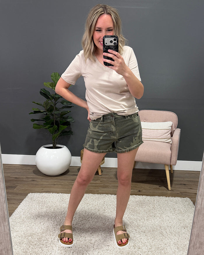 KanCan Sandi Fray Hem Jean Shorts - Camo SALE KanCan