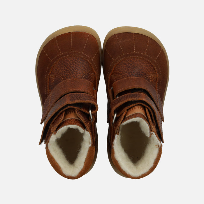 Kids Leather Wool Lined Waterproof Velcro Boots - Cognac