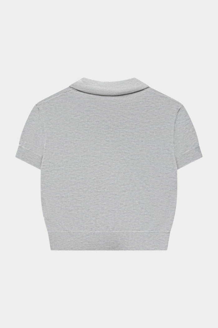 KNITTED COLLAR POLO TOP - GREY MARL
