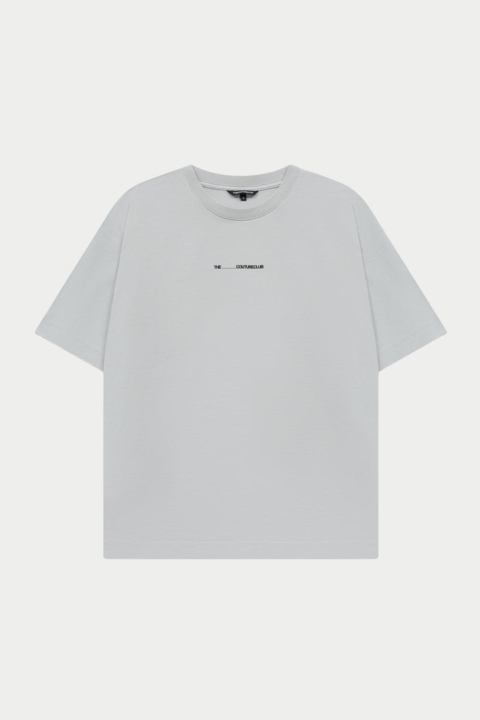 Light grey t-shirt with a small black logo on a white background
