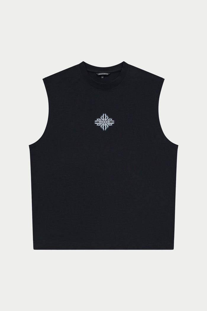 Black vest with a white logo on a white background