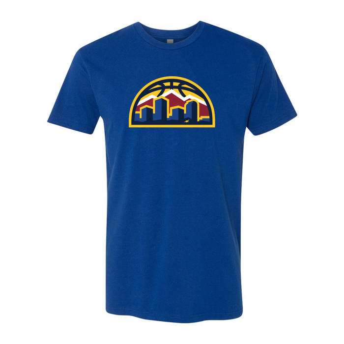 Front view royal blue short-sleeve t-shirt featuring a Nuggets Skyline Logo featuring yellow, red, navy and blue colors