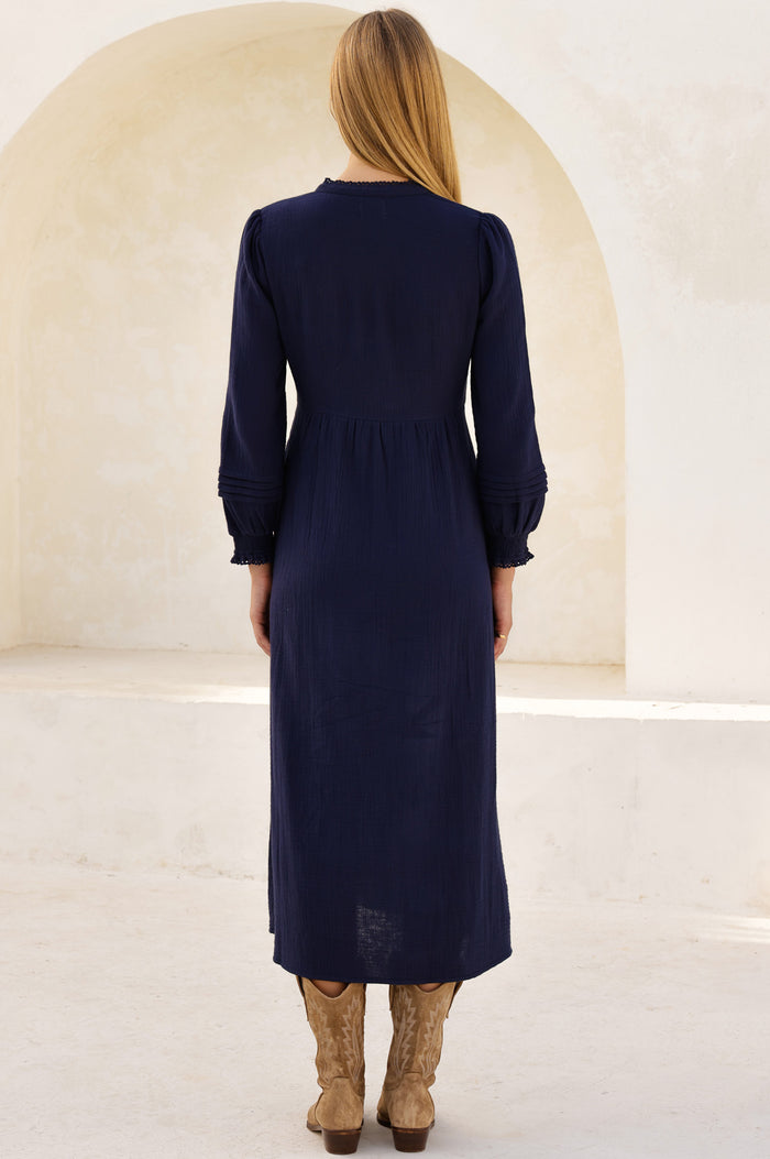 Pin Tuck Organic Cotton Cheesecloth Shirt Dress | Navy - Aspiga