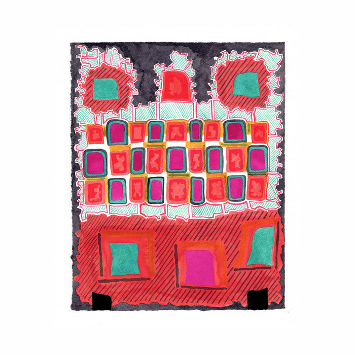 The artwork 'PPR271' by Max Manning features a vibrant geometric composition with red, turquoise, and magenta squares arranged in a grid-like pattern. Bold diagonal hatching and dark borders create depth, while watercolor and ink techniques blend seamlessly on Arches paper, forming an abstract architectural-inspired design.