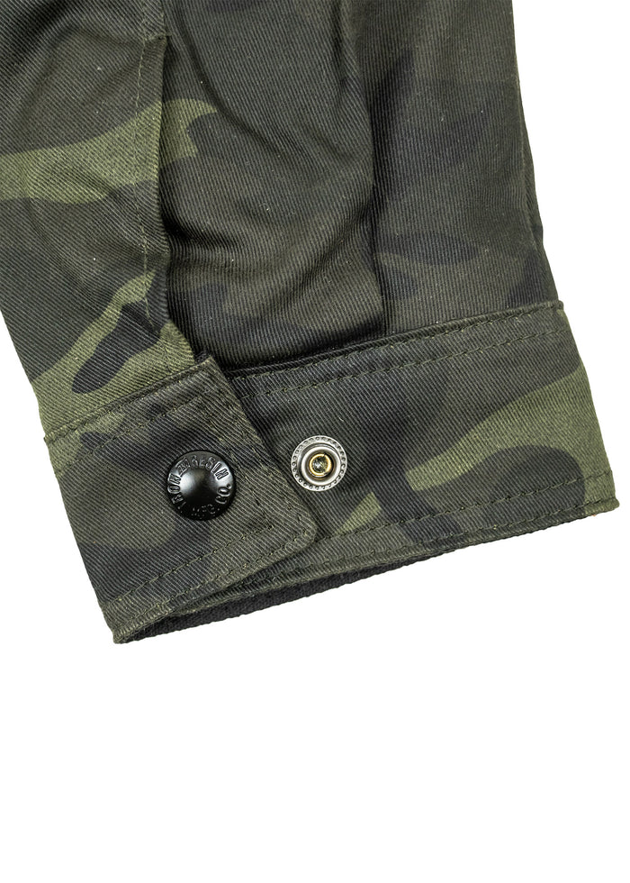 Camouflage jacket sleeve with a buttoned cuff, highlighting the fabric's texture and pattern in close-up detail.