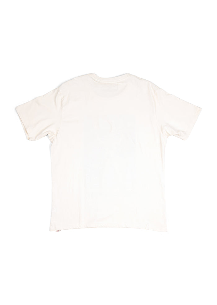 Plain white T-shirt laid flat, showcasing the back with short sleeves and a simple design on a white background.