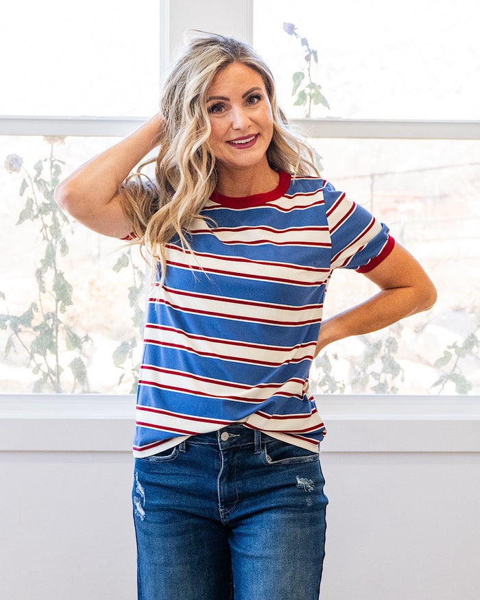 Shauna Contrast Striped Top - Denim & Burgundy Staccato