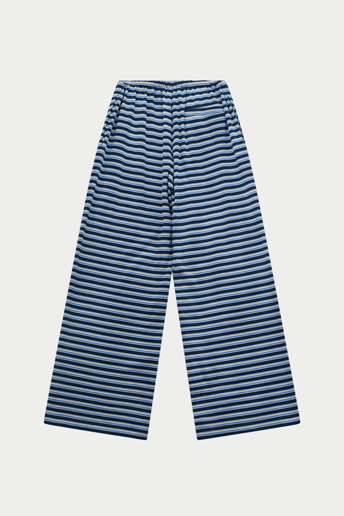 Blue and white striped pants on a light grey background