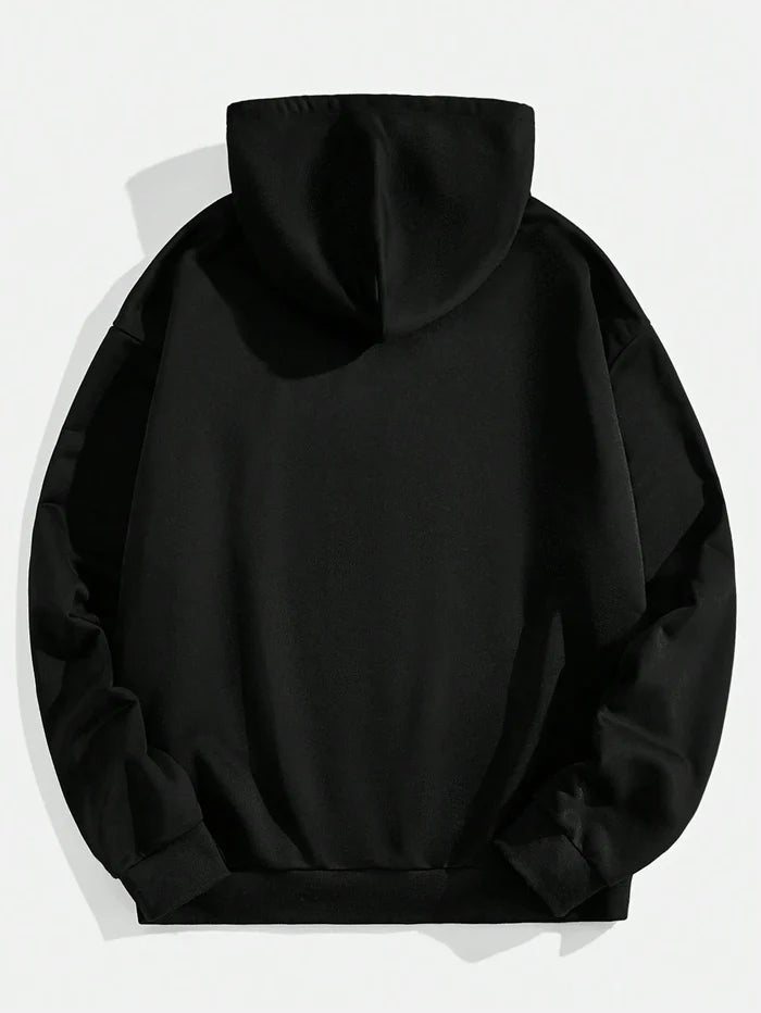 SXV Attitude Casual Fashion Men 3D Figure & Rhinestone Letter Print Drop Shoulder Loose Fit Drawstring Hooded Sweatshirt
