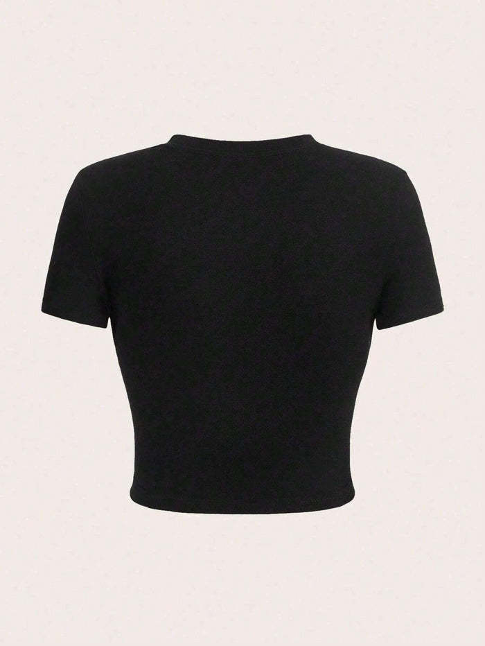 SXV Fun Letter Print Round Neck Short Sleeve Crop Top For Summer Casual Wear Graphic Tees Women Tops