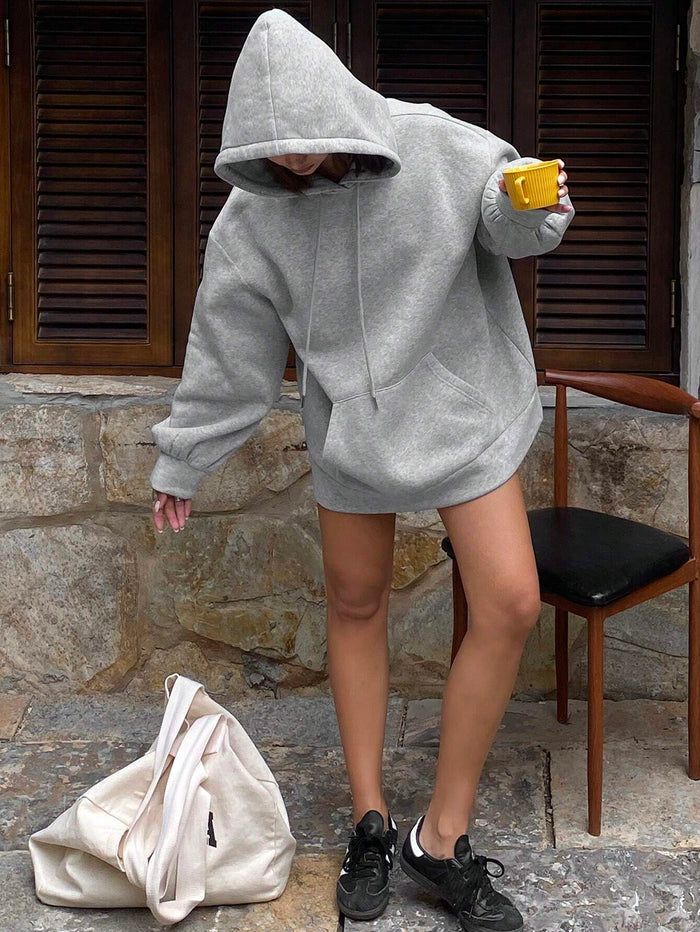 SXV Grey Solid Autumn New Loose Casual Hooded Sweatshirt For Women