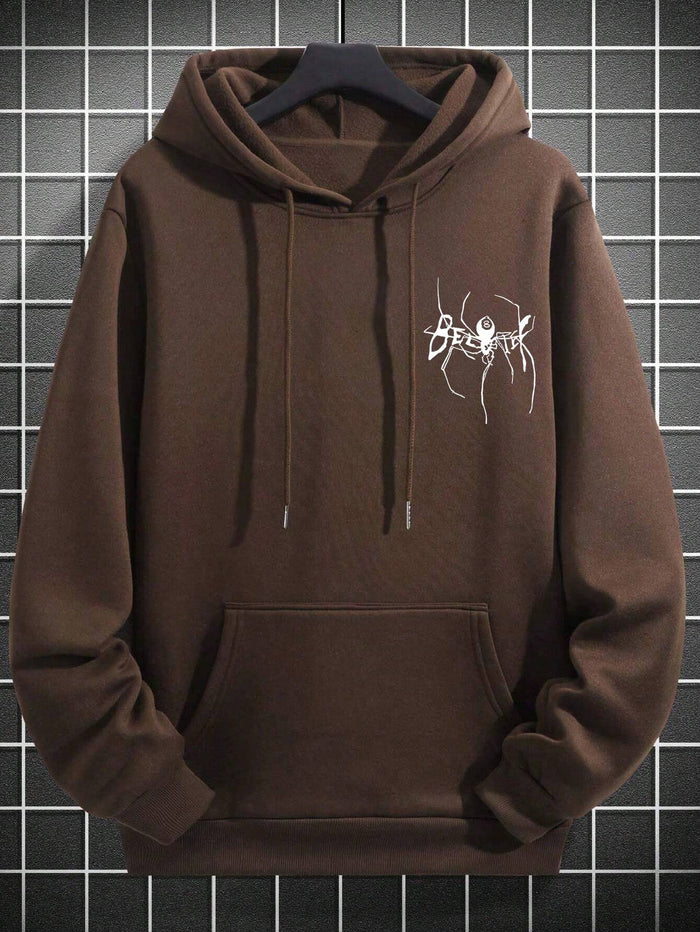 SXV Men's Drawstring Hoodie With Pocket & Spider Print, Casual Sweatshirt
