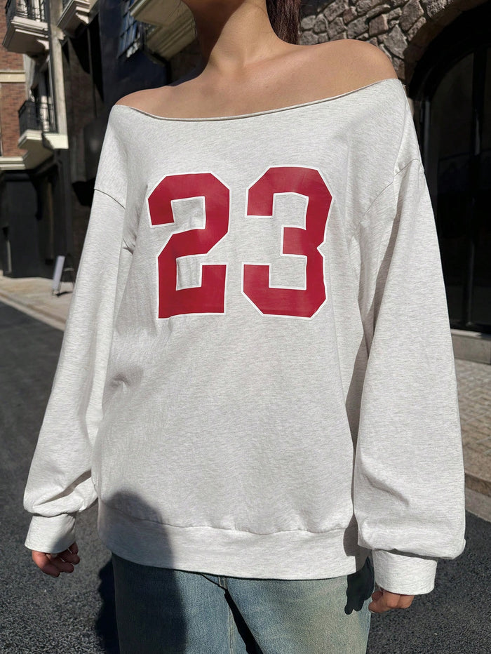 SXV Women's Off-Shoulder Casual Fashion Pattern Loose Fit Long Sleeve Sweatshirt