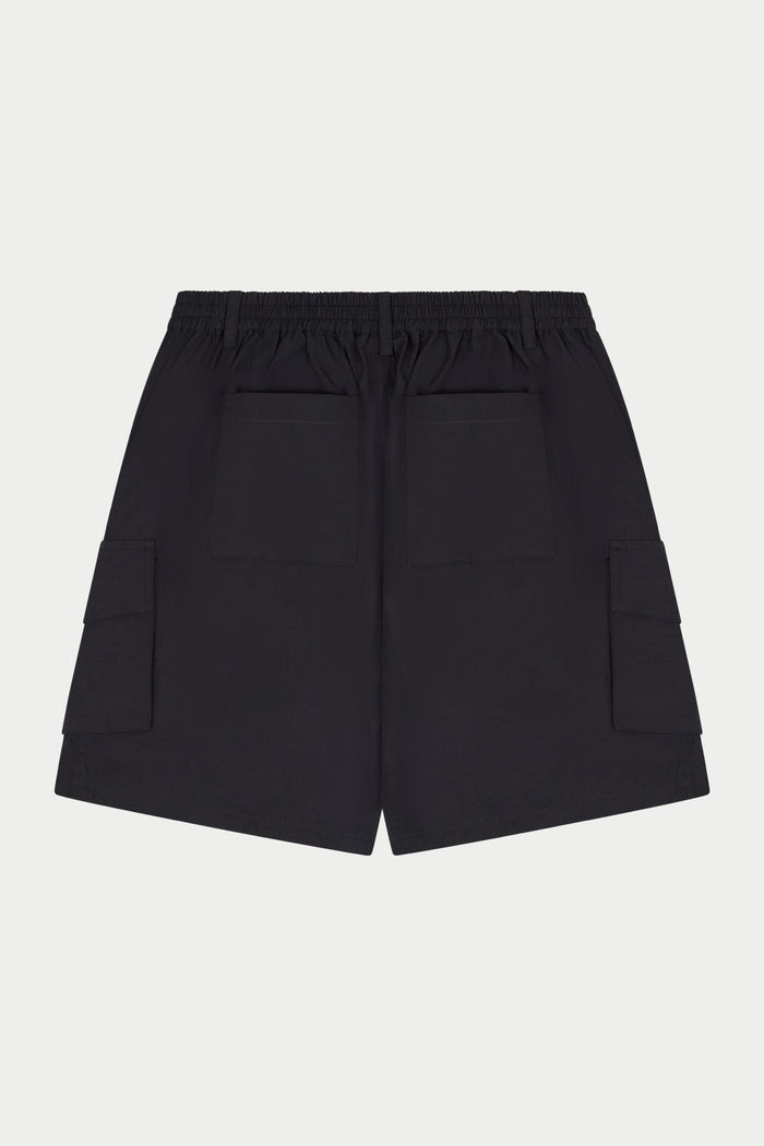 Black cargo shorts on a white background